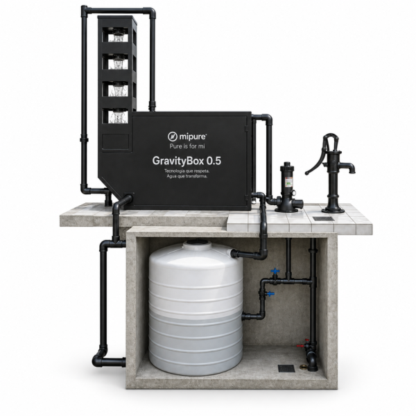 GravityBox 0.5 con torre de aireacion, filtracion por gravedad, clorador, bomba manual y tanque enterrado