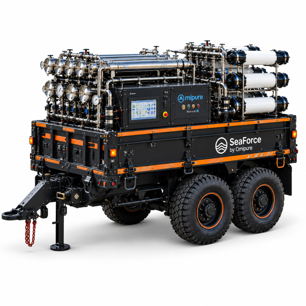 SeaForce: sistema movil de desalinizacion por osmosis inversa sobre remolque, fondo blanco