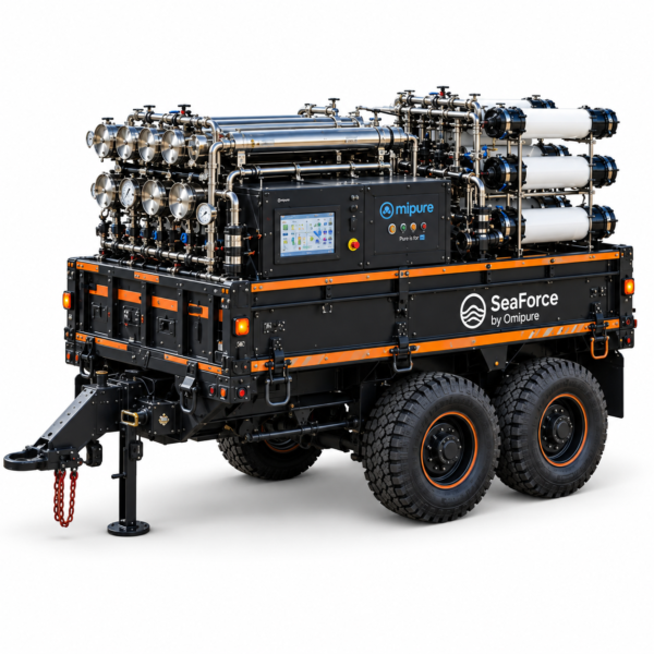 SeaForce: sistema movil de desalinizacion por osmosis inversa sobre remolque, fondo blanco